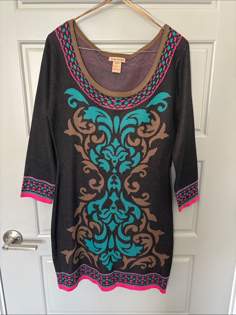 FLYING TOMATO Sweater Dress with Teal, Brown & Pink Accents